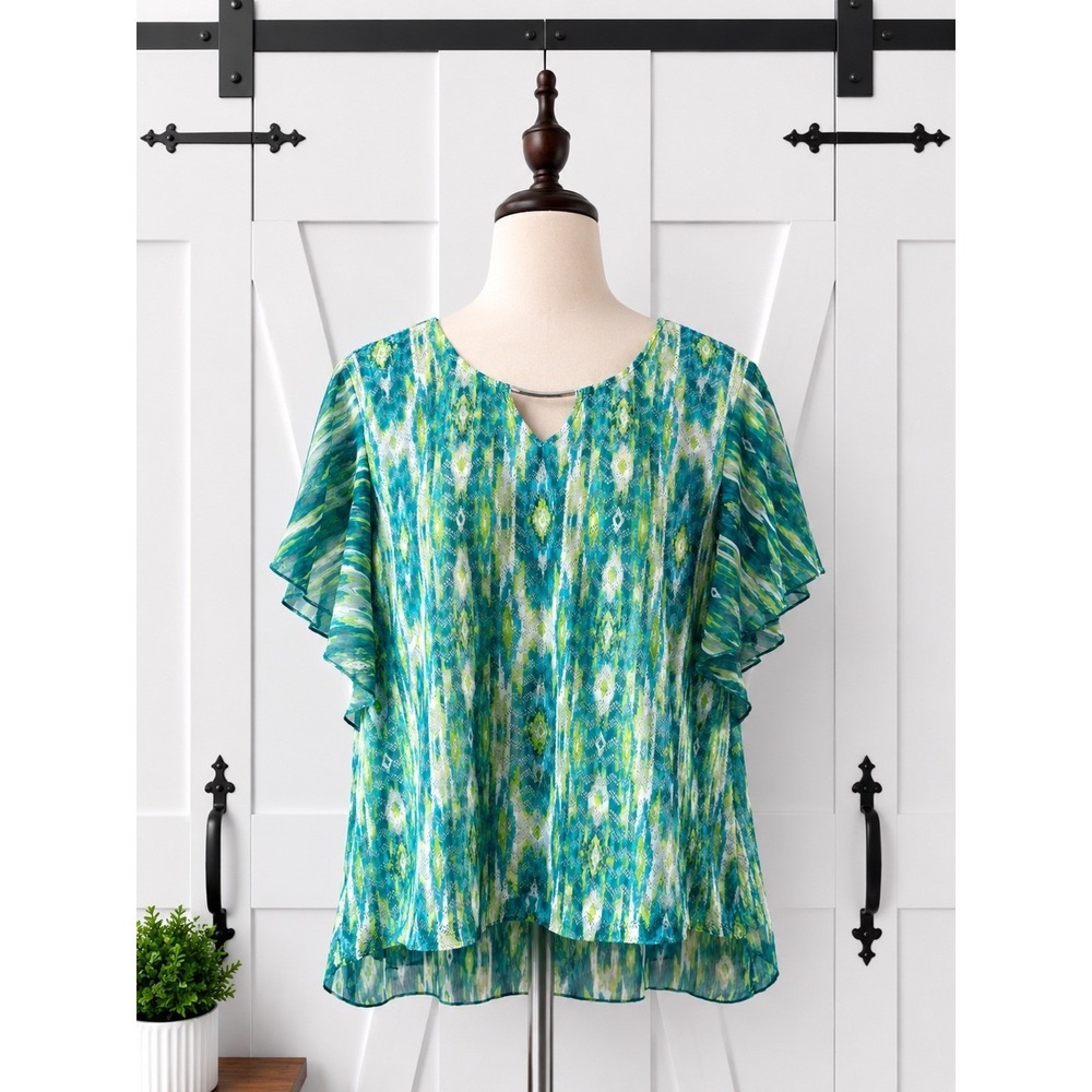 JM Collection Tunic Top XL Teal Green Print Flutter Sleeve Keyhole Neckline